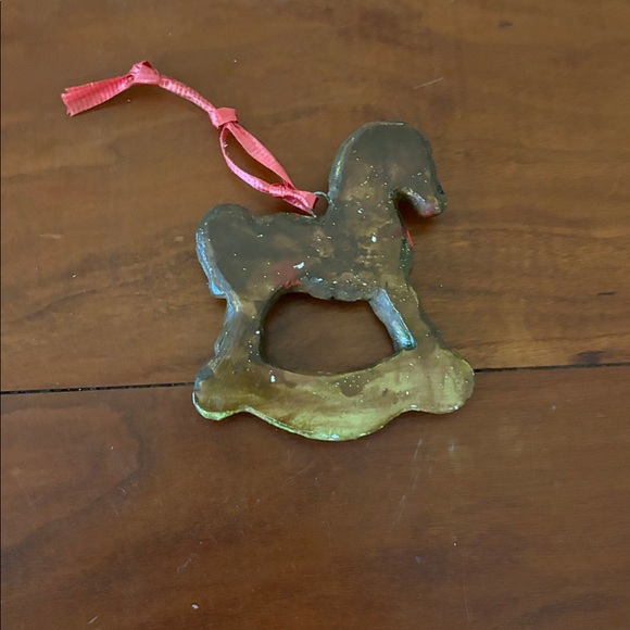 Vintage Rocking Horse Ornament Green Iridescent Glitter Resin w/ Ribbon - Picture 2 of 2
